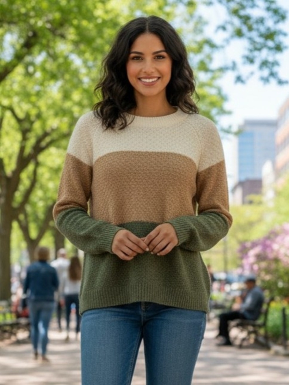 Women's Colorblock Crewneck Sweater in Cream, Tan & Olive